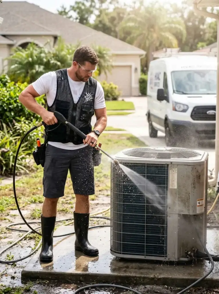 Outdoor AC condenser unit with dirt-caked coils and bent fins being soft washed clean to restore blocked airflow and cooling.
