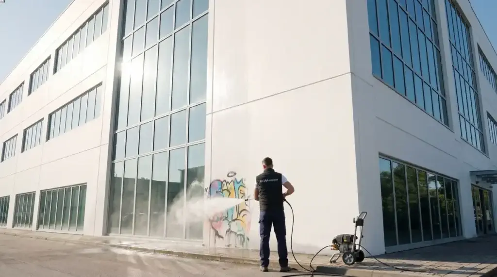 Multi-story commercial facade being soft washed from a reach pole as pollution film and algae lift away from the surface.
