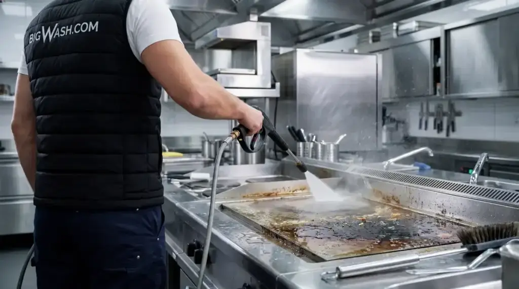 Stainless commercial kitchen exhaust hood thick with grease being deep cleaned and degreased to eliminate fire risk buildup.