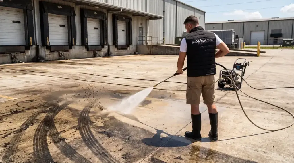 Round surface cleaner on concrete leaving a bright clean arc across gray oil-stained grime in one pass.