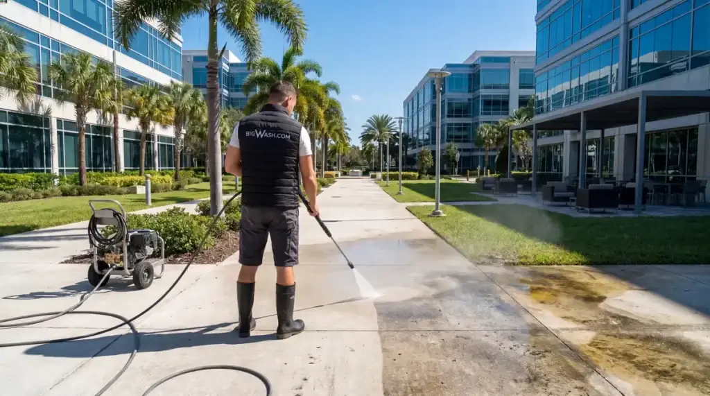 Clean concrete driveway being coated with a glossy penetrating sealer guarding against sun, rain, stains, and surface cracks.