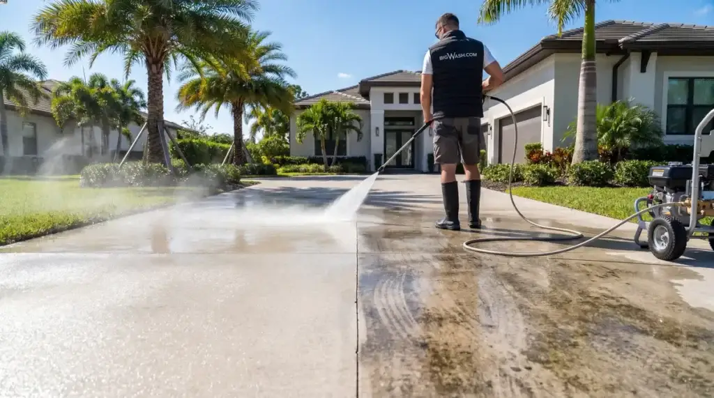 Concrete driveway pressure washed, sharp clean-dirty line revealing hidden oil stains and grime buildup.