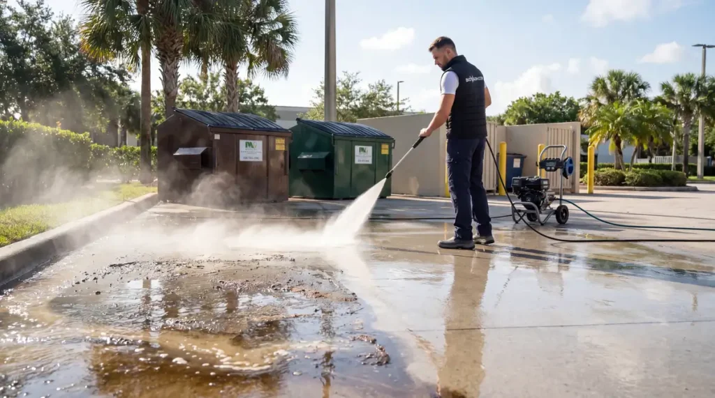 Stained concrete dumpster pad being hot-water degreased and sanitized to break grease buildup and kill bacteria and odor.