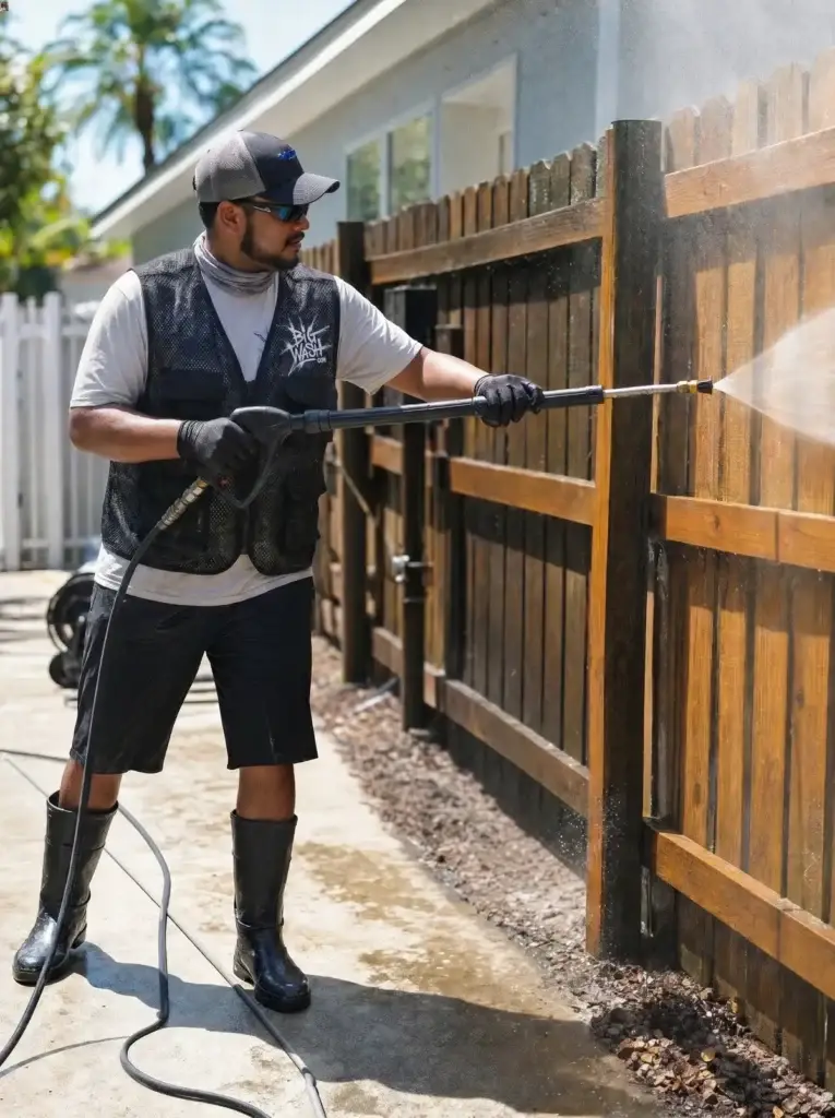 White vinyl fence panel half covered in thick green algae and half washed bright clean by a gentle low-pressure soft wash.