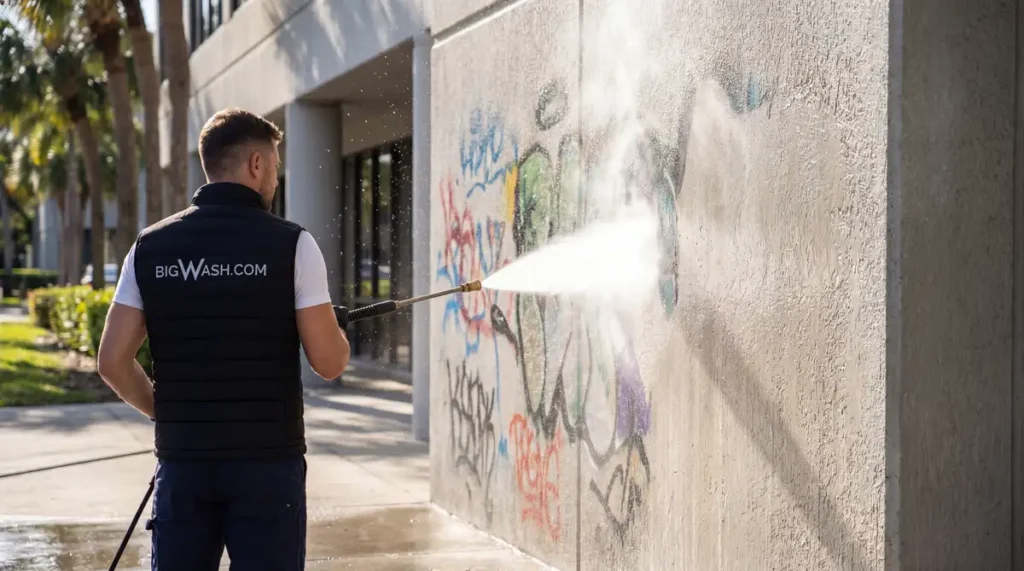 Spray-painted graffiti tag on a commercial wall being lifted away with a surface-safe chemical process, no etching or damage.