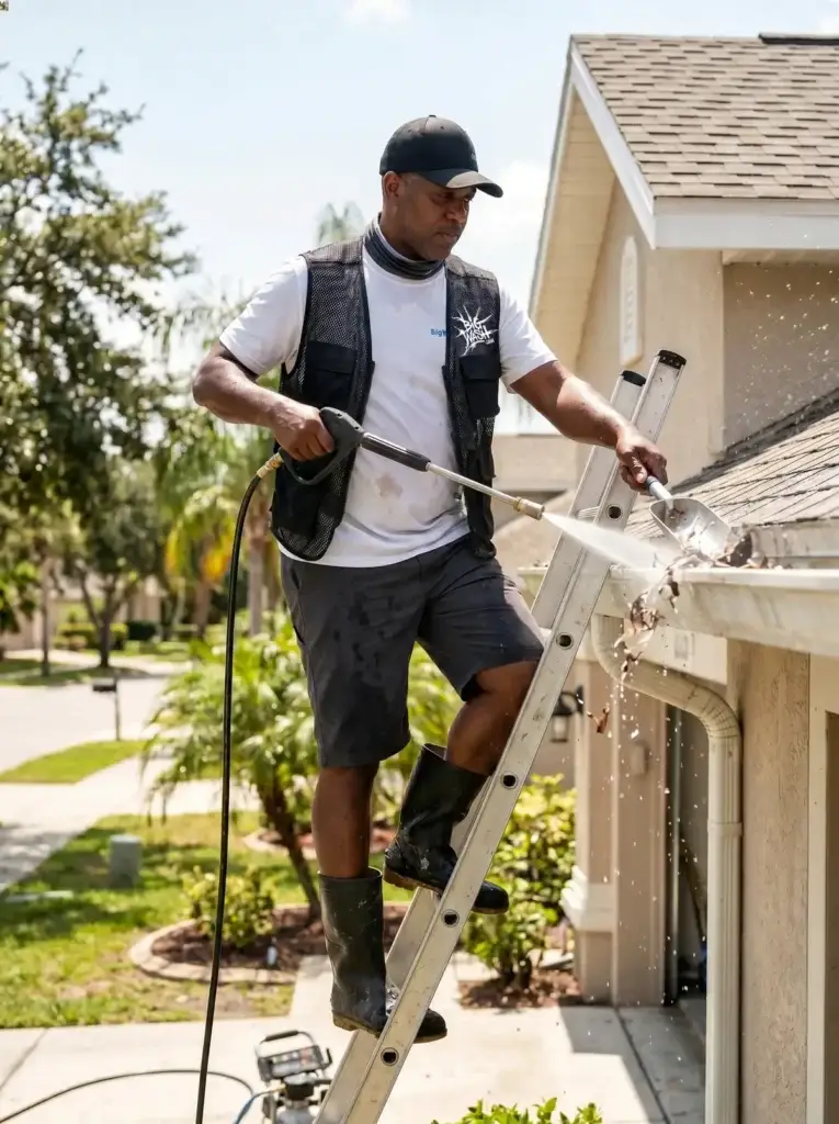 Open gutter packed with wet leaves and debris beside a cleaned empty gutter run flushed to protect the home foundation.