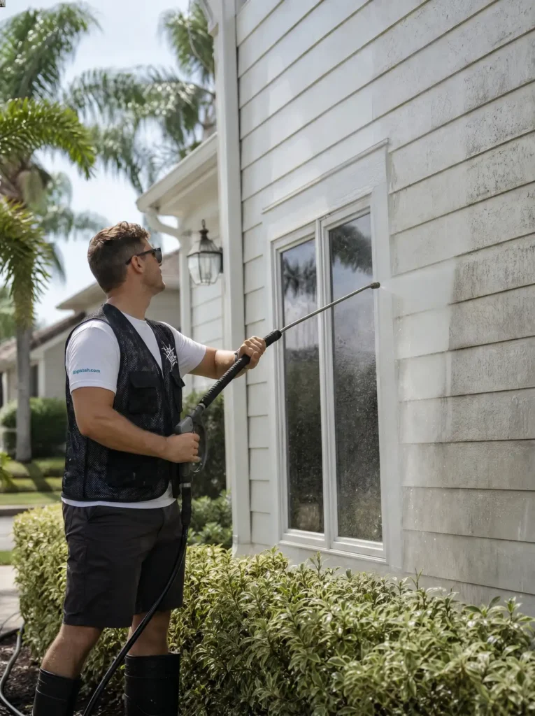 Two-story home wall mid soft wash with a clear line between dingy algae-coated stucco and the bright clean washed section.