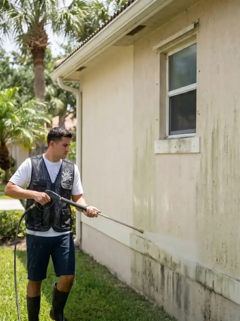 Exterior wall with dark vertical mold and algae streaks fading away under a deep disinfecting soft-wash treatment.