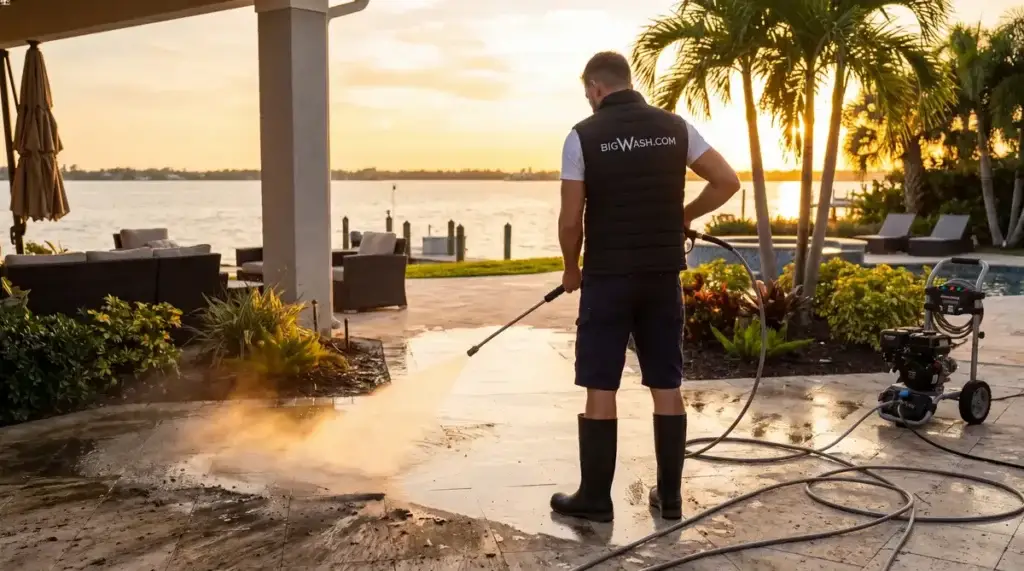 Shaded paver patio with dark mildew and algae patches beside a freshly pressure-washed brightened and slip-free surface.