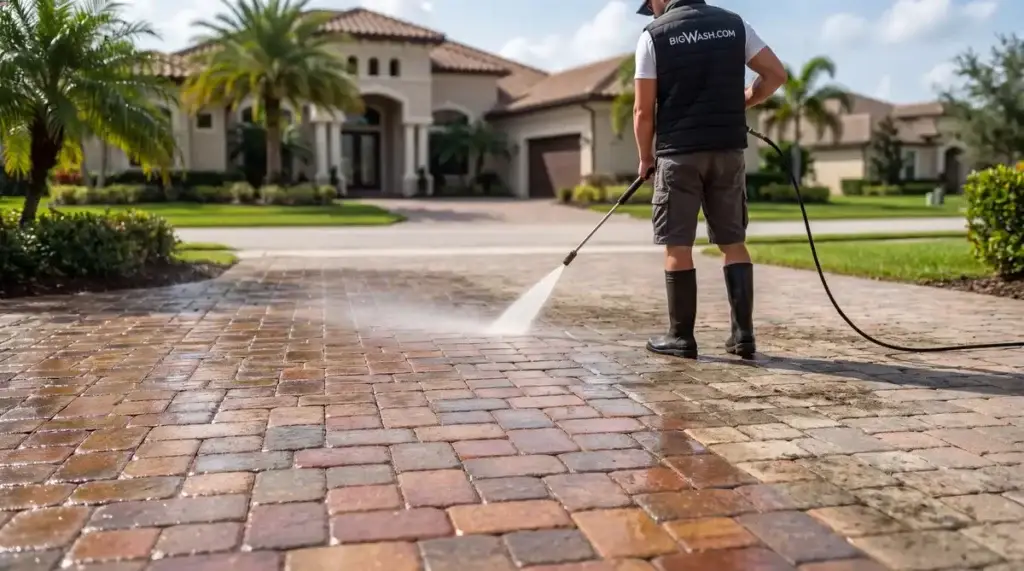 Faded weathered patio pavers regaining deep rich color as a glossy wet-look sealer is applied over a freshly cleaned surface.