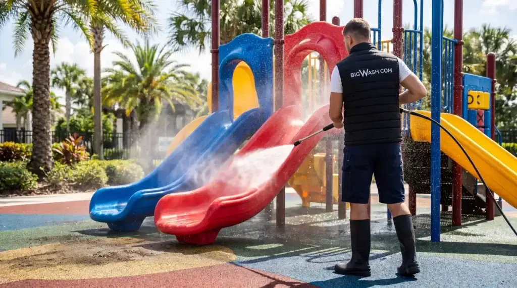 Colorful playground slide and bars being disinfected and sanitized with a gentle child-safe soft wash and rinse treatment.