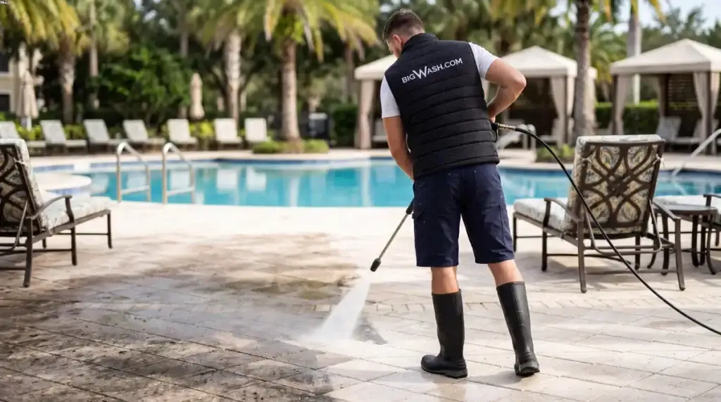 Pool deck with a slick green algae film being washed away to bare clean safe concrete to stop slips and restore traction.