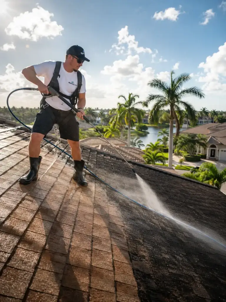 Asphalt shingle roof with long black algae streaks beside a freshly soft-washed clean section, no pressure damage at all.