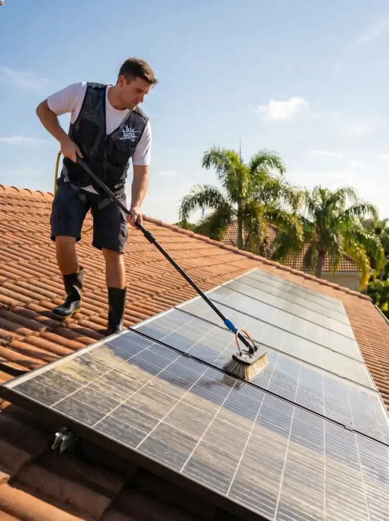 Rooftop solar array with dust-dulled panels beside spotless freshly spot-free washed panels showing restored output.