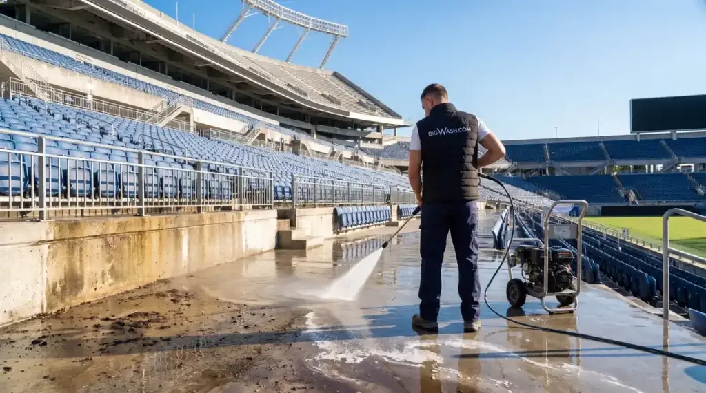 Rows of sticky stadium seats being washed by a large cleaning crew as residue rinses away, flipping to event-ready condition.