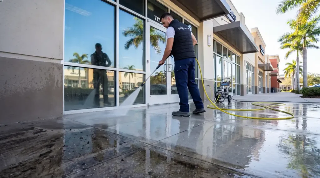 Retail storefront glass, entry, and signage being cleaned to a bright inviting shine to draw foot traffic and boost sales.