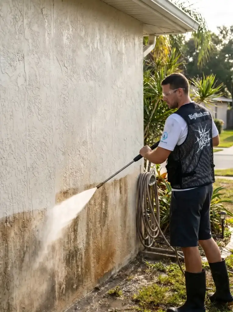 Textured stucco wall with algae trapped in the grooves being drawn out by a gentle soft wash, no pitting or surface damage.