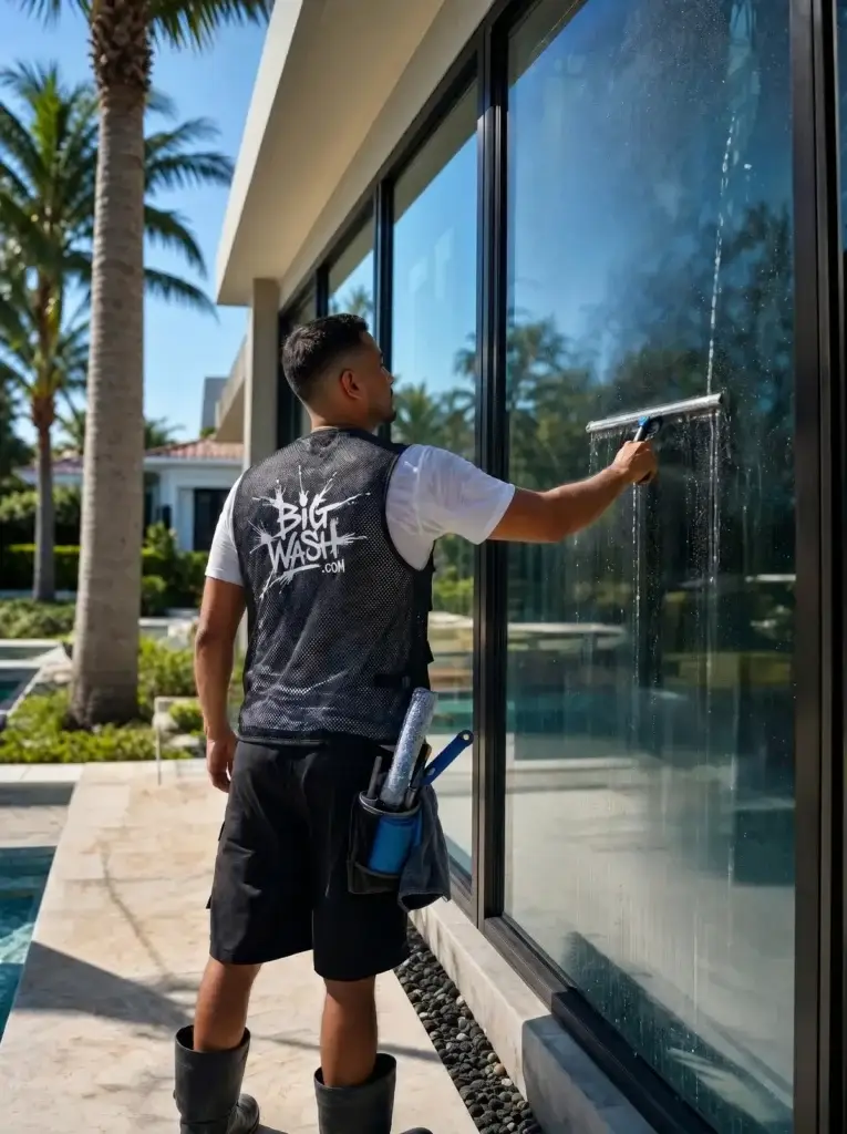 Exterior window glass with hard-water mineral spots being squeegeed to a crystal clear streak-free spot-free finish.